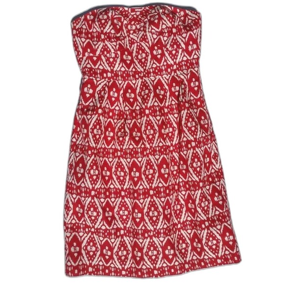 NWT J Crew Geometric Strapless Dress Red and White 100% Cotton Size 2 Batik - Picture 1 of 7